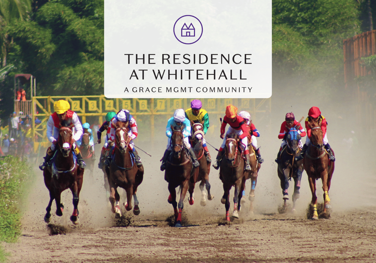 Horses racing on a dusty dirt track with a white rounded logo panel reading 'The Residence at Whitehall, A Grace Mgmt Community'