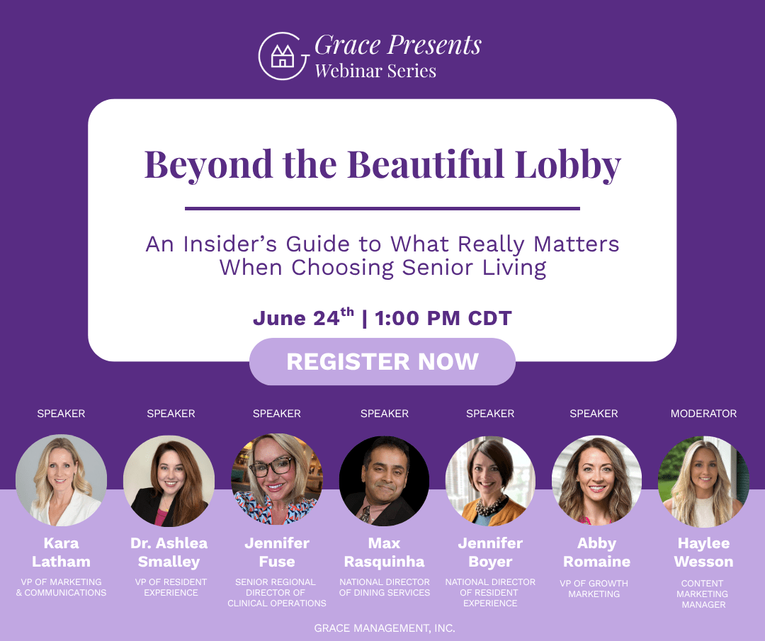 Promotional banner for Grace Presents Webinar Series: 'Beyond the Beautiful Lobby' with date June 24, 1:00 PM CDT and a purple 'Register Now' button; features speaker headshots and titles across a purple background.