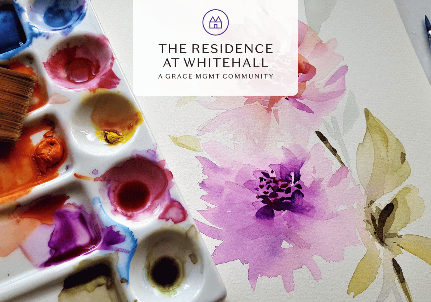 Brand hero with watercolor palette and pink floral artwork; logo reads 'The Residence at Whitehall, A Grace Mgmt Community'.